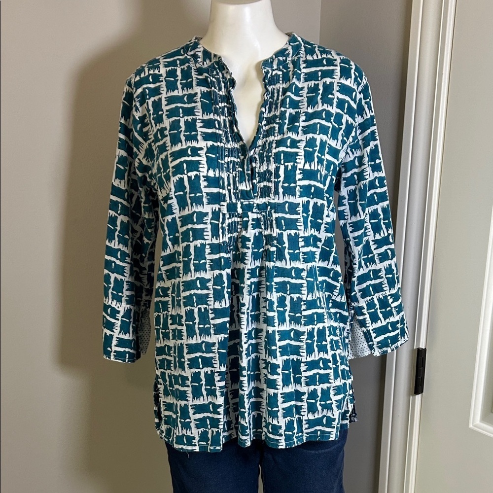 Roller Rabbit Goop Tunic Top Teal White Cotton Relaxed Fit Blouse  Sz L
